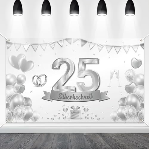 HAKOTOM Banner de Bodas de Plata - Decoración 25 Aniversario, 184 x 97 cm, Fondo Plateado para Hombres y Mujeres