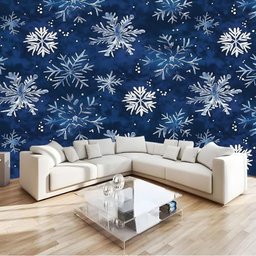Bleu Marine Papier Peint 3D Motif De Flocon De Neige Géométrique Intissé Fresque, Salon Chambre Enfant Décoration Murale, Design Contemporain Pour Intérieur Maison (Facile À Installer) 250 X 175 Cm