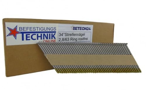 Clous à bande 34° - 2,8 x 63 mm - Anneau inoxydable A2 - Relié au papier - Convient pour cloueuse Paslode Senco Tjep Haubold - 1,1 m