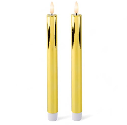 MIJOMA LED-Echtwachskerze mit realistischer Flamme, Timer und batteriebetrieb | Indoor LED-Kerze mit warmweißem Licht | Natürliche Optik (Gold - glatte Oberfläche, Ø2cm x 24cm)