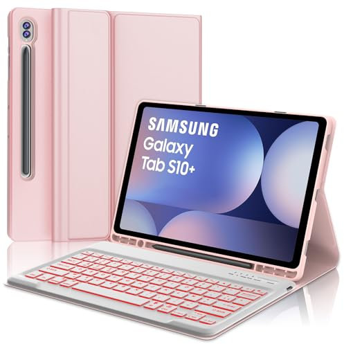 JADEMALL Clavier AZERTY Français Rétroéclairé Bluetooth Détachable pour Samsung Galaxy Tab S10+ 12.4 (2024), Rose