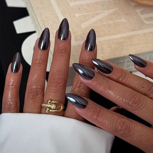 DMQ Stiletto Press on Nails Medium, 24Pcs Black Mirror False Nails, Black Chrome Fake Nails, Metal Mirror Stick on Nails with Glue, Full Cover Nail Tips for Women Party Ball Nails Art