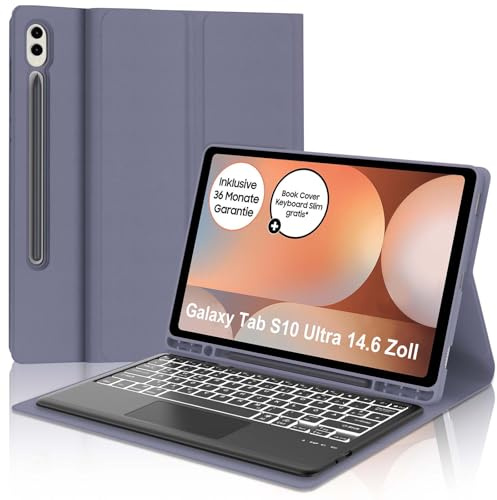 IVEOPPE Tastatur für Samsung Galaxy Tab S10 Ultra 2024, Hülle mit Tastatur Galaxy Tab S10 /S9 Ultra, Abnehmbarer QWERTZ 7-Farbige Beleuchtung Keyboard für Samsung S9/S10 Ultra 14.6 Zoll, Lila