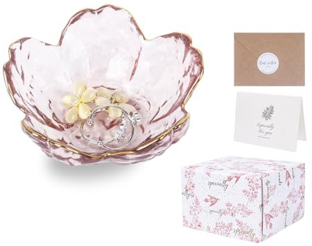 Nideen Schmuckschale Schmuckteller mit Geschenkbox und Karte, Klein Glas Schmuck tablett Ringhalter Geschenke für Geburtstag, Valentinstag, Muttertag(Rosa)