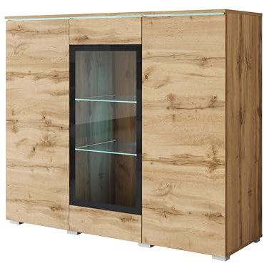 MINIO go for it - Commode avec Porte vitrée Veve, Buffet Salon, vitrine 120 cm de Large, Couleur Gablote chêne Wotan, avec éclairage LED