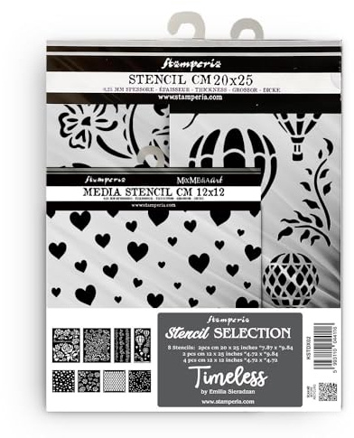 Stamperia - Thick Stencils for Scrapbooks, Albums, Cards, Bullet Journalling, and More, Flexible Material, Easy to Clean, Perfect for Hobbies, Crafts and Gifting, 8 Pieces (Timeless, Assortment)