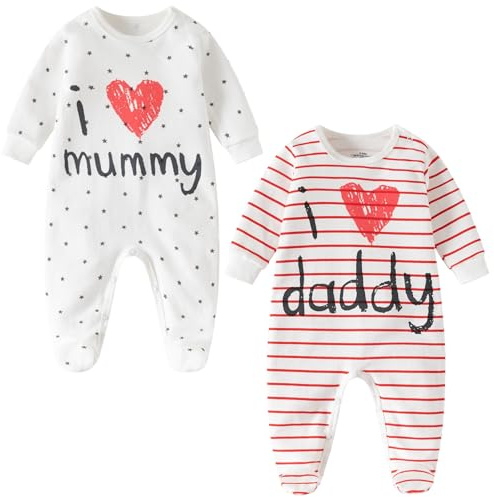 Lullaby Layers Unisex Baby Sleepsuits 2 Pack – I Love Mummy & Daddy Cotton Footed Rompers – Newborn to 24 Months Baby Bodysuits for Boys and Girls