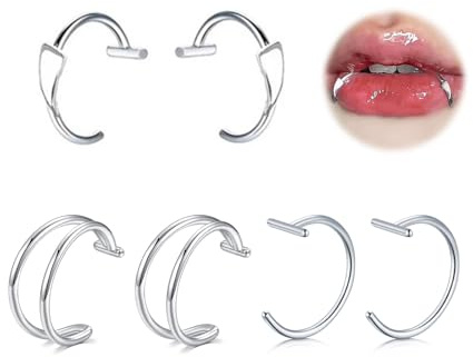 FloralGrace Silber Schwarze Faux Lippenpiercing Fake Lip Ring Cuffs Clip On Faux Snake Bites Hoops Nicht Piercings Schmuck Vampire Zahn Fänge für Halloween Schmuck