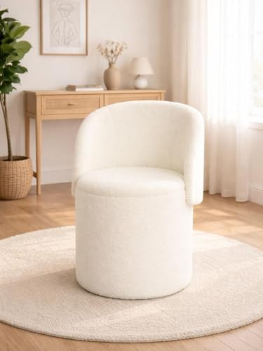 BLOOM BLENDS Teddy Boucle Tub Chair With Hidden Storage, Round Vanity Seat With Curved Back and Lift-Off Lid, Wooden Frame, 150kg, 46 x 62 cm (Off White)