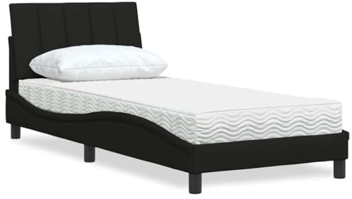 Ziaphsol Hanko Bett mit Matratze, Schwarz, 80x200 cm, Stoffbezug, Schaumstoffmatratze, Kopfteil-Kissen, kein Boxspringbett nötig, Stabiler Holzrahmen