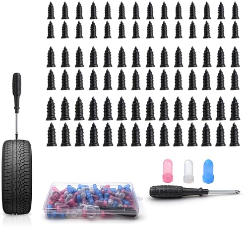 85 Piezas Repara Pinchazos Coche Kit Antipinchazos Coche + Destornillador | con 3 Tamaños de Clavo de Goma para Neumáticos para Automóvil Motocicleta Camión Tractor(28S+28M+28L)