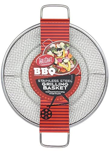 TableCraft BBQ Stainless Steel Cast Iron 16-Inch Round Grilling Basket, Small, Silver