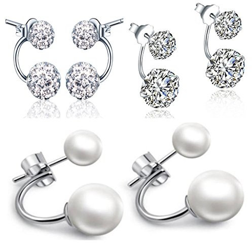 Yumilok 925 Sterling Silber Zirkonia Kristall Perlen Doppel Kugeln Ohrhänger Ohrstecker Ohrring Jackets Hypoallergen Ohrschmuck für Damen Frauen Mädchen, 3 Paare