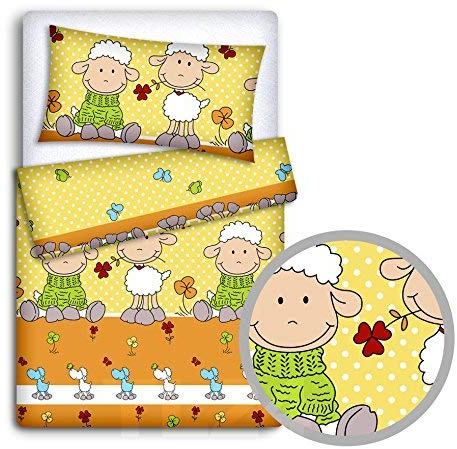 Babymam Baby Newborn Bedding Set Pillowcase + Duvet Quilt Cover 2 Piece to Fit Cot Crib Cradle Pram 135x100cm (Sheep yellow)