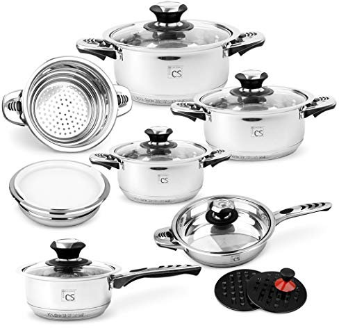 CARL SCHMIDT SOHN Schmidt Sohn Kochtopf Set Aurich 16-teilig mit Deckel Edelstahl, 065843, Silber, 24cm