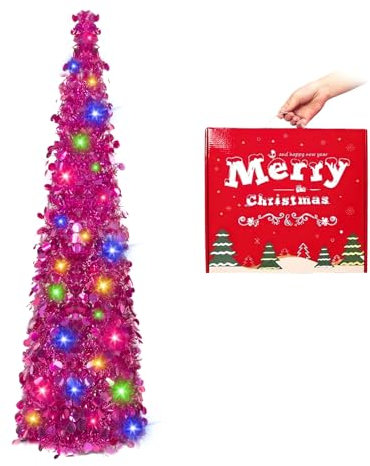 N&T NIETING Christmas Tree, 5ft Collapsible Pop Up Christmas Trees Fuchsia Tinsel Coastal Christmas Tree for Holiday Xmas Decorations, Home Display, Office Decor