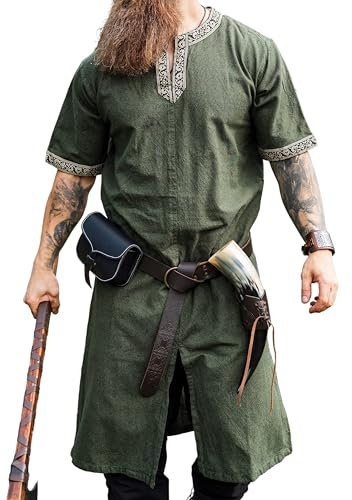 Leonardo Carbone® Kurzarm Tunika Richard - Mittelalter Kleidung Herren, Mittelalter Hemd, Freizeithemden Kurzarm, Karneval Kostüm Herren, Wikinger Tunika, LARP Kleidung - 100% Baumwolle Grün L