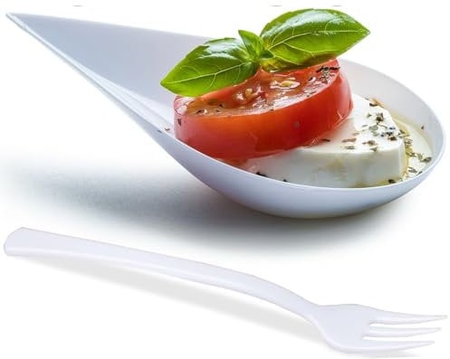DLux 100 4-in Tear Drop Mini Appetizer Plates with Forks, re-usable White Plastic Spoons - Desserts and Appetizers Dishes Serving Plate - Asian Spoon Set, Small Catering Dessert Tasting Cups