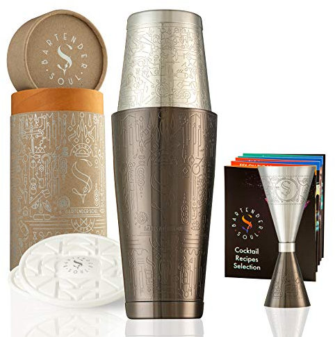 Exklusiver Boston Cocktail Shaker - Schwarz - Professionelles Set mit vollem Gewicht, Präzisions-Jigger, 2 vielseitigen Untersetzern und Rezepten – Um Ihre schönsten Momente zu garantieren