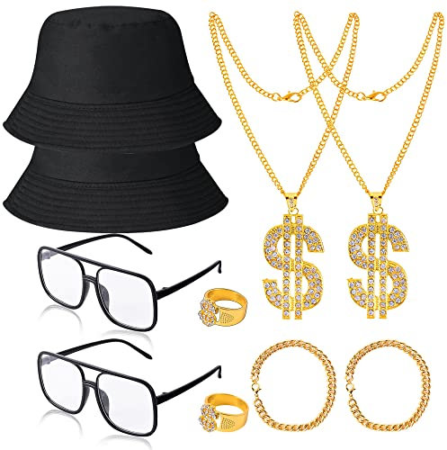 Yaromo 10-teiliges Hip-Hop-Kostüm-Set, 80er-/90er-Jahre-Rapper-Zubehör, Hut, Sonnenbrille, Goldkette, Eimermütze, Gold-Kette und Ring mit Dollarzeichen-Anhänger, Armband