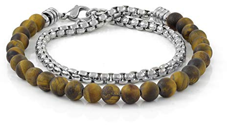 10:10 Doppelwickelarmband aus hypoallergenem Edelstahl, Natursteindurchmesser 6 mm, venezianische Kette aus Edelstahl. MADE IN ITALY