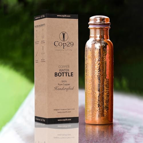 Cop29 Dual Hammered + Handgravierte Premium Design Mira Glossy Wasserflasche aus reinem Kupfer, 900 ml