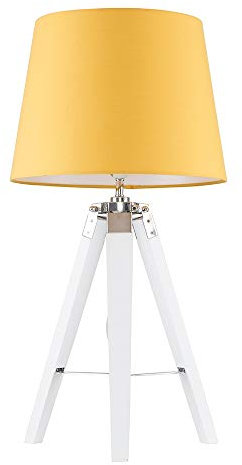MiniSun | Modern White Wood and Silver Chrome Tripod Table Lamp with a Mustard Tapered Shade | Home Décor, Bedside & Desk Lamp | Includes Bulb [3000K Warm White]