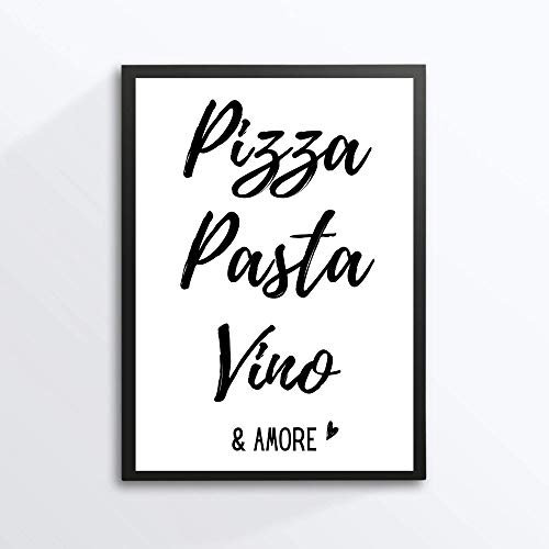 Din A4 Kunstdruck ohne Rahmen - Spruch - Pizza Pasta Vino & Amore - Nudeln Wein Vino Liebe Küche Esszimmer Druck Poster Bild