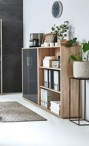 Schrankwand Office Edition abschliessbarer Aktenschrank Büroschrank Büromöbel Regal in Eiche Sonoma/Anthrazit Hochglanz (Set 1 niedrig)