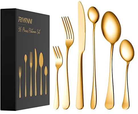 RIWNNI Besteck Set 6 Personen, 36 Teiliges Edelstahl-Goldenes Besteck-Set, Inkl Messer, Gabel, Löffel, Besteck-Set Hochglanzpoliert, Spülmaschinenfest (Gold)