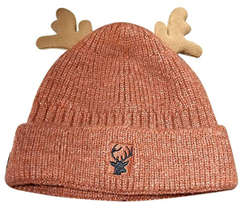 Herbests Damen Weihnachtsmütze Strickmütze Wintermütze Mütze mit Geweih Wollmütze Unisex Weihnachts Gestrickte Mütze Warme Beanie Hat Häkelmütze Hut Weihnachtshüte Geschenk für Männer Frauen Braun