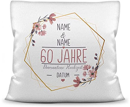 Kissen Hochzeitstag Diamantene Hochzeit - mit Name & Datum selbst gestalten - 60 Jahre Ehe, Geschenk Hochzeit, Jubiläum, Jahrestag - Hochzeit Kissen Weiß flauschig, 40x40 cm I Personalisiert