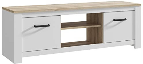 Newroom TV Lowboard Weiß Matt und Bianco Eiche TV Schrank Modern - 161,4x54,1x42,2 cm (BxHxT) - Fernsehtisch TV Board Rack - [Akil.Ten] Wohnzimmer Wohnstube