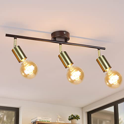 CBJKTX Deckenleuchte Vintage 3 Flammig Deckenstrahler - E27 Deckenlampe Industrial Küchelampe Schwarz-Gold Retro Deckenspots Schwenkbar Modern Spotleuchte Spotbalken für Küche Flur Gänge Esszimmer