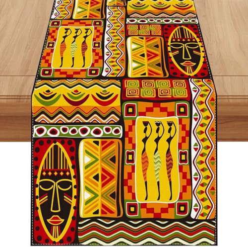 Jiudungs Tischläufer aus Leinen, afrikanischer Totems, 183 cm lang, afrikanischer amerikanischer Kwanzaa, schwarzer Geschichtsmonat, Juni, Dekorationen und Zubehör für Zuhause, Küche, Esszimmer, Tisch