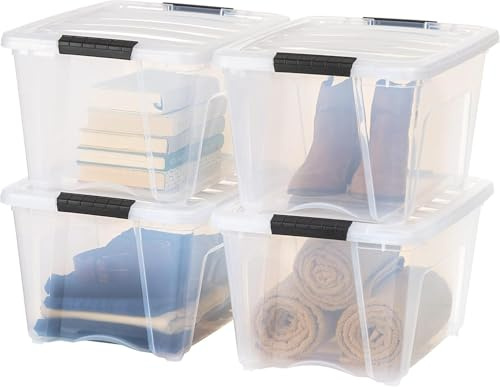 IRIS USA 32 QT Plastic Storage Box with Lid and Latches - 4 Pack - BPA-Free, See-Through Organizing Solution, Durable Nestable Stackable Containers, Secure Pull Handle - Clear