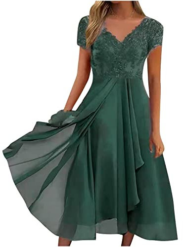BH Rückenfreies Kleid Silvester Kleid Handtuch Kleid Kleid Damen Elegant Spitze Patchwork Chiffon V-Ausschnitt A-Linie Kleider Kurzarm Hohe Taille Abendkleid Pulloverkleid (Green,XL)