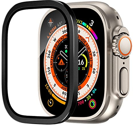 Yrzper Displayschutz für Apple Watch Ultra 3 /Ultra 2 /Ultra 49mm 9H gehärtetes Glas-Titanlegierung Rahmen halten Original Touch Sensitive Schutzglasfolie Anti-Kratzer wasserdichter Schutz (Schwarz)