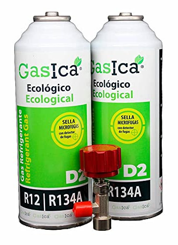 Pack d'économies (2x226Gr) Bouteilles de réfrigérant Gasica D2 substitut pour R12, R134A avec clé de recharge