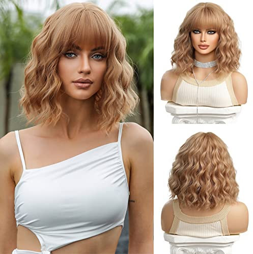Esmee Kurze Gewellte Erdbeerblonde Bob Perücken für Frauen Schulterlange Synthetik-Perücke mit Fransen für die tägliche Party Cosplay Verwendung