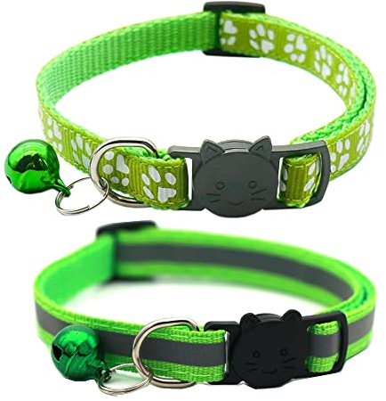 Hepplly 2-Pack Katzenhalsbänder Quick Release Reflective Kitten Halsband mit Glocke (Hellgrün)