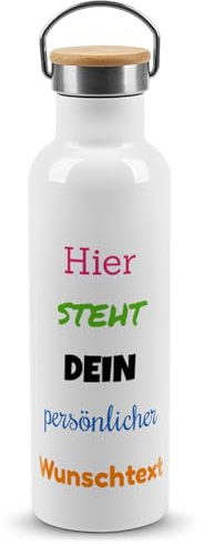 PR Print Royal Edelstahl-Trinkflasche bedrucken - Trinkflasche personalisiert mit 5 Zeilen Wunschtext - Thermosflasche, Wasserflasche BPA-frei Geschenke für Sportler | Haltebügel, Bambusdeckel, 750 ml