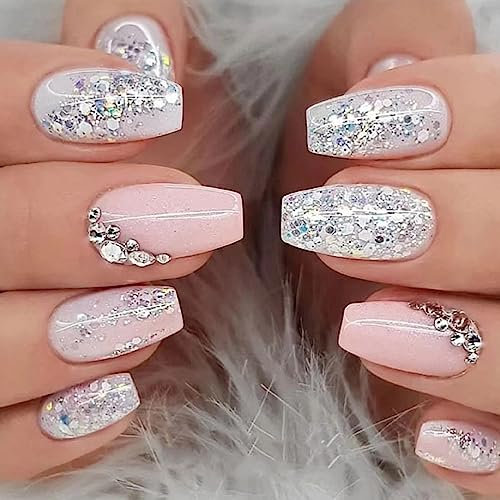 24 Pièces Faux Ongles Français Moyen Cercueil Nude Rose Ongles à Coller Couverture Complète Capsules Ongles avec Argent Strass Dessin Acrylique Press on Nails Autocollants pour Femme et Fille