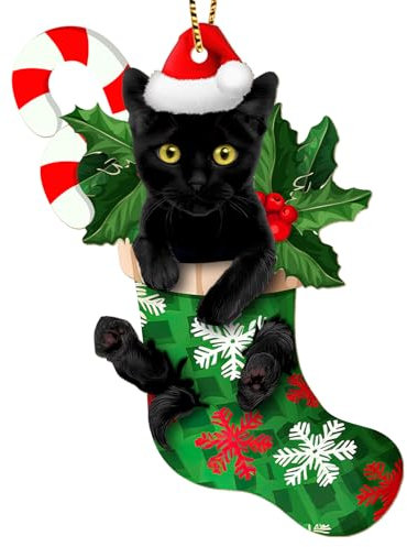Divertido adorno de gato negro para Navidad, Halloween, decoración de árbol de Navidad para amantes de los gatos, lindo gato en calcetín de Navidad, adorno de madera impreso en 2 lados