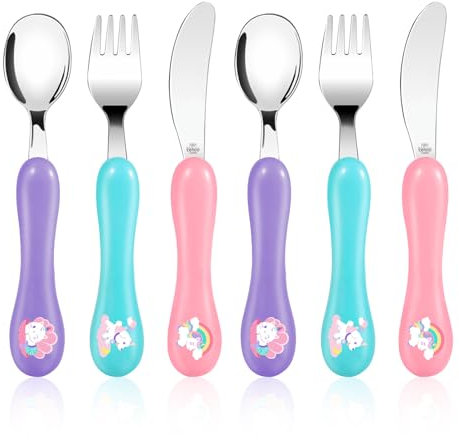 Lehoo Castle Couverts Enfant INOX 6 PCS, Ensemble de Couverts pour Bebe 2 x Fourchettes, 2 x Cuillères, 2 x Couteaux, Set Couvert Bebe pour Garçons Filles (Licornes)