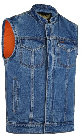 Leatherick Herren-Motorradweste aus schwerem Denim mit verdeckten Tragearmen (DE/NL/SE/PL, Alphanumerisch, XL, Regular, Regular, Blau)