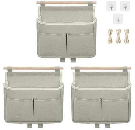 3 Stück Hängeorganizer Hängetasche, Aufbewahrungstasche Hängend, Wand Hängeaufbewahrung, Leinen Stoff Organizer Hängend, Wandorganizer mit Haken für Home, Office, Bad, Kinderzimmer (Grau)