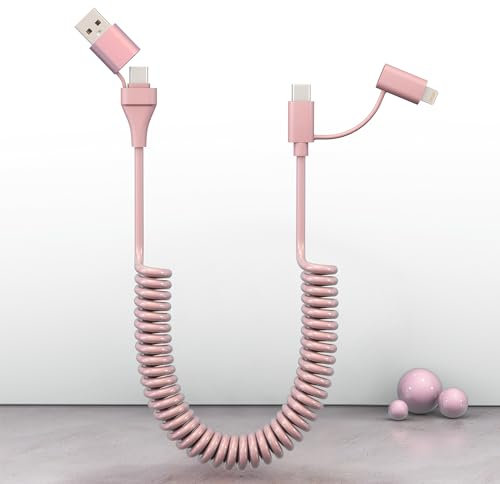 Coiled USB C to Lightning Cable 4 in 1, PD 60W Fast Charging & Data Sync,6FT Multi Charging Cable For Apple CarPlay & Android Auto,USB/USB C to USB C/Lightning Cable Combo for iPhone/Pad/Android,Pink