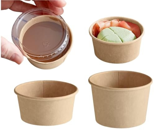 HOT BARGAINS 200 X 2oz Kraft Paper Sauce Pots with Lids Small Pots Round Container with Airtight Clear Lids for Ketchup, Chutney, Dips and Sauces (60ml) (2, Round, 200, KT - 2OZ)