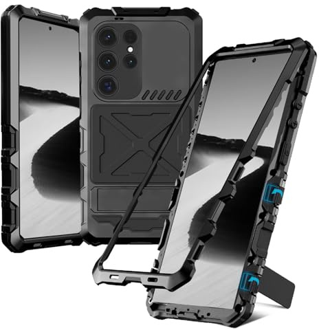 qichenlu Schnell Einbau ohne Schraube Outdoor Hülle für Samsung Galaxy S24 Ultra,Extrem Leicht Aluminium Rahmen Militärstandard Stoßfest Handyhülle Metall Silikon Display Glas Case,Schwarz